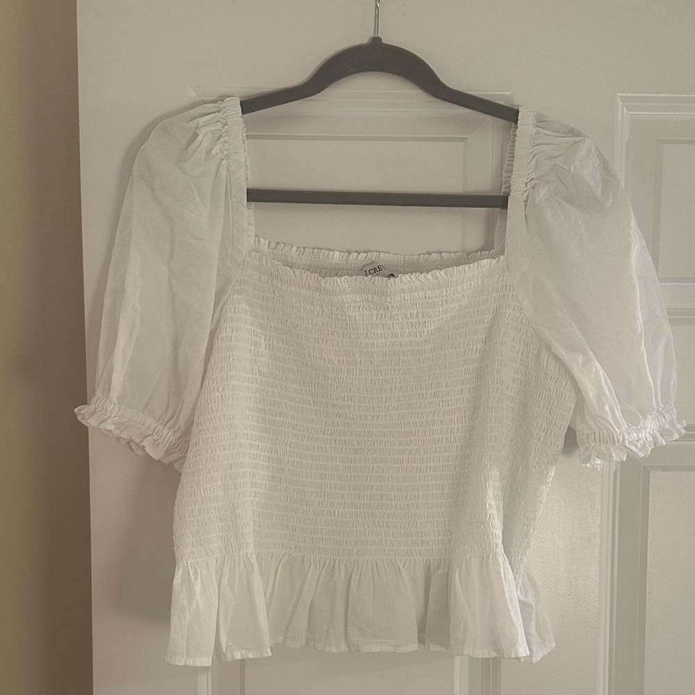 J. Crew White Smocked Blouse with Puff Sleeves